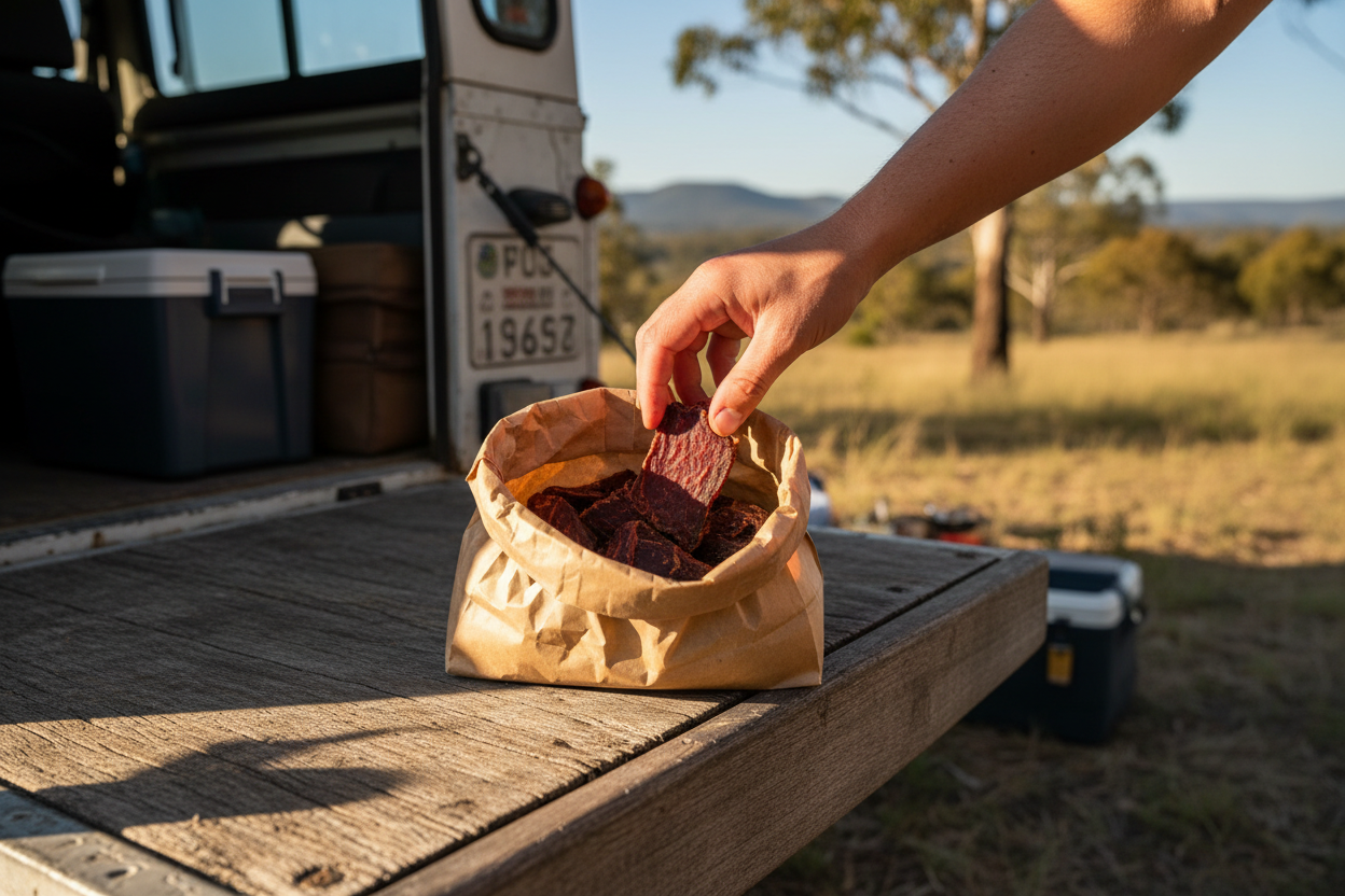 WR Biltong lifestyle shot — biltong enjoyed outdoors in the Australian bush