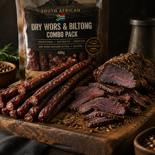 South African dry wors and biltong combo on a rustic wooden board