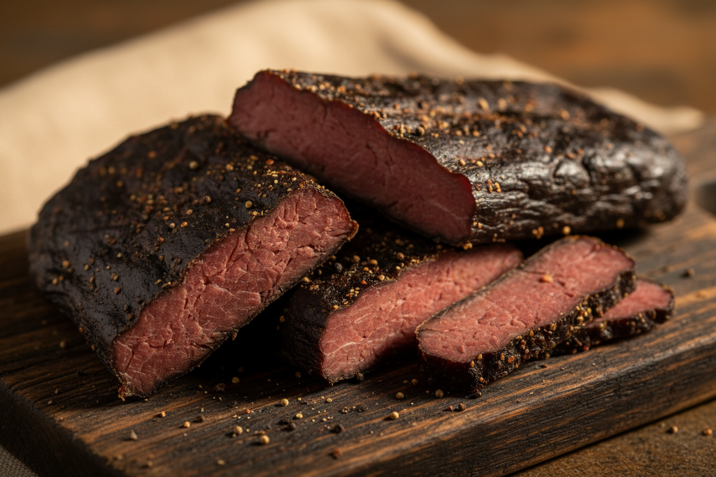 WR Biltong traditional beef biltong slabs on a rustic wooden board